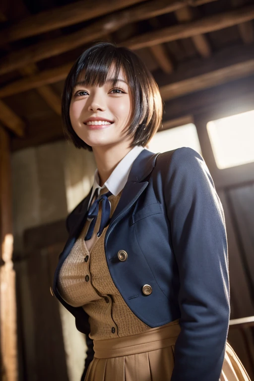 (Best Quality,masterpiece:1.3,Ultra-high resolution),(Very detailed,Caustics,8k),(Realistic:1.4,RAW shooting),1 person,(Smiling and looking down at the camera),(Front shot:1.1),(look forward to),1,cute,Japanese,Short black bob cut,School Uniform,glamorous,(Big Breasts),( close),(((Bust Emphasis))),street,sunlight,Natural Light,(Backlight),(A bright light shines from behind),(Lens Flare),Professional Writing,(Cowboy Shot),(Low position:1.3),(Low Angle:1.3)whole body