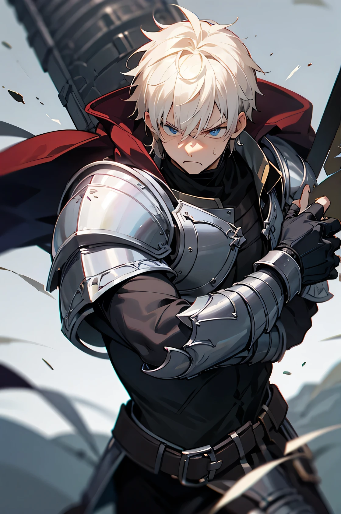 vox machina style, outdoors, ruins,
1boy, male focus, armor, blonde hair, yellow eyes, long hair, 1boy, full armor,  breastplate, male focus, blood, solo focus, knight, portrait, angry, smiling
, ((masterpiece))
<lora:vox_machina_style2:1>