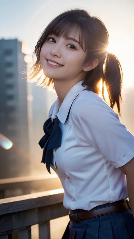 (highest quality,masterpiece:1.3,ultra high resolution),(Super detailed,caustics,8k),(photorealistic:1.4,RAW shooting),1 girl,(smile and look down at the camera),(front shot:1.1),(face forward),18-year-old,cute,Japanese,black short ponytail,school uniform,glamorous,(big boobs),( close up),(breast focus),street,sunshine,Natural light,(Backlight),(A bright light shines from behind),(Lens flare),professional writing,(cowboy shot),(low position:1.3),(Low - Angle:1.3)