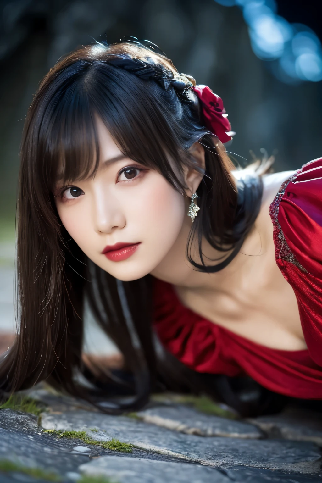 1 girl, (She is wearing a red dress:1.3), (Gothic Makeup), Portrait of an adorable Japanese symphonic metal singer, (RAW Photo Best Quality), (Realistic, Realistic:1.4), (masterpiece), 
But delicate and beautiful, Very detailed, 2k wallpaper, wonderful, finely, Very detailed CG Unity 8K wallpaper, Very detailed, High resolution, Soft light, 
Beautiful detailed girl, Very detailed目と顔, A beautiful and elegant nose, Beautiful Beautiful Eyes, Cinema Lighting, 
(Girl full body silhouette), (The background is a ruined medieval European town at night:1.4), (The girl is lying on the stone path:1.4), (Dark screen:1.5),
(short hair), (Messy Hair), (Indigo Color Scheme), (I am so lonely),
Perfect Anatomy, Slender body, Small breasts