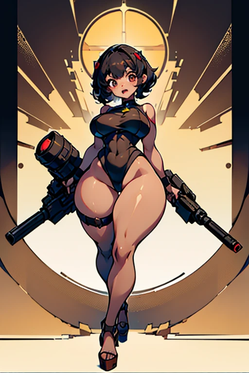 Young girl, Pullover, yellow high cut leotard, whole body to see, open mouth, smile , scream, short curly hair , wide hips, huge thighs, fullbody, platform heels, tanned , brown skin, small breast, gun, cyberpunk, soldier girl , black hair, leg garter, Big butt, turn around,