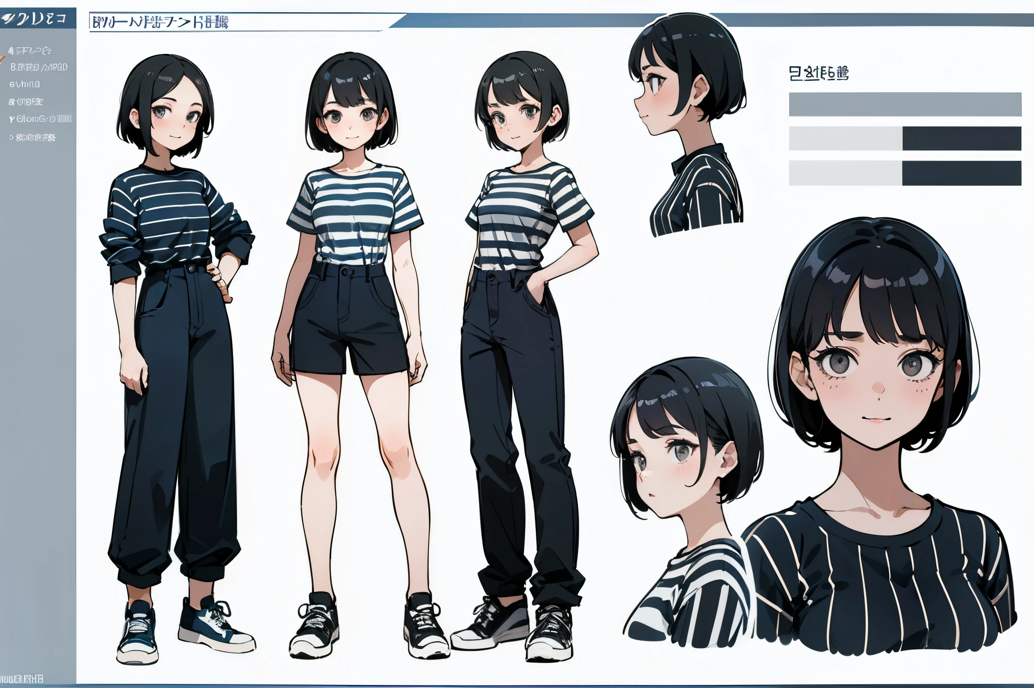 high quality, detailed face, character sheet,(((young woman:1.5))), ((full length:1.2)), full of details, in several poses and expressions, Very detailed, depth, young woman, black hair, short hair, gray eyes, modest smile, striped shirt, black trousers, dark blue sneakers, , cute pose, embarrassed