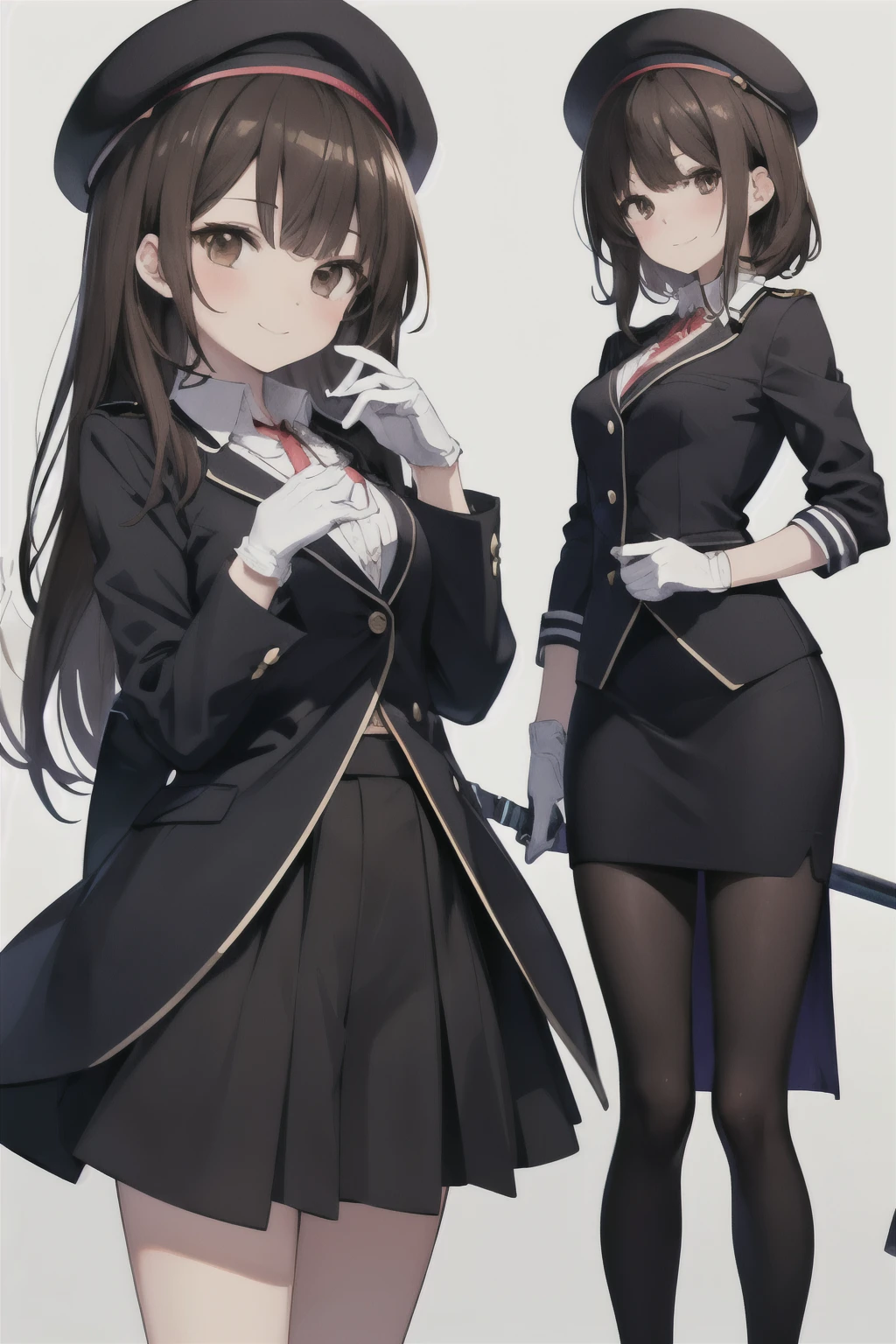 anime girl with a sword black hair, (brown eyes:1.5), smile,blush,collect,long hair, Black Beret, end, collared shirt, white gloves, neckline, button, correa, black pencil skirt, breeches, school uniform, ADIDAS WOMEN&#39;S RUNNING SHOES BLACK DURAMO with white socks, smile, blush, looking at the viewer, Charm, mechanic,on your computer,Sitting on a chair, interior,Pausa de toque ciego looking at the viewer, BREAK indoors, aisle, BREAK (masterpiece:1.2), highest quality, High resolution, 8K Unit Wallpaper, (cipher:0.8), (Detailed and beautiful eyes.:1.6), Very detailed face, perfect lighting, Very detailed CG, (perfect hands, perfect anatomy),