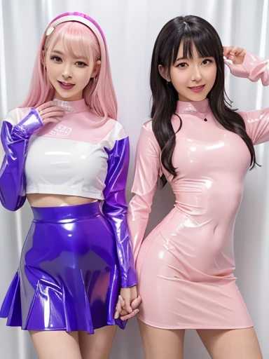 NSFW、sexy asian fashion model、glossy transparent lipstick、smiling face、defined eyebrows、natural makeup、full body Esbian、business latex dress(neon pink)、Colorful hair