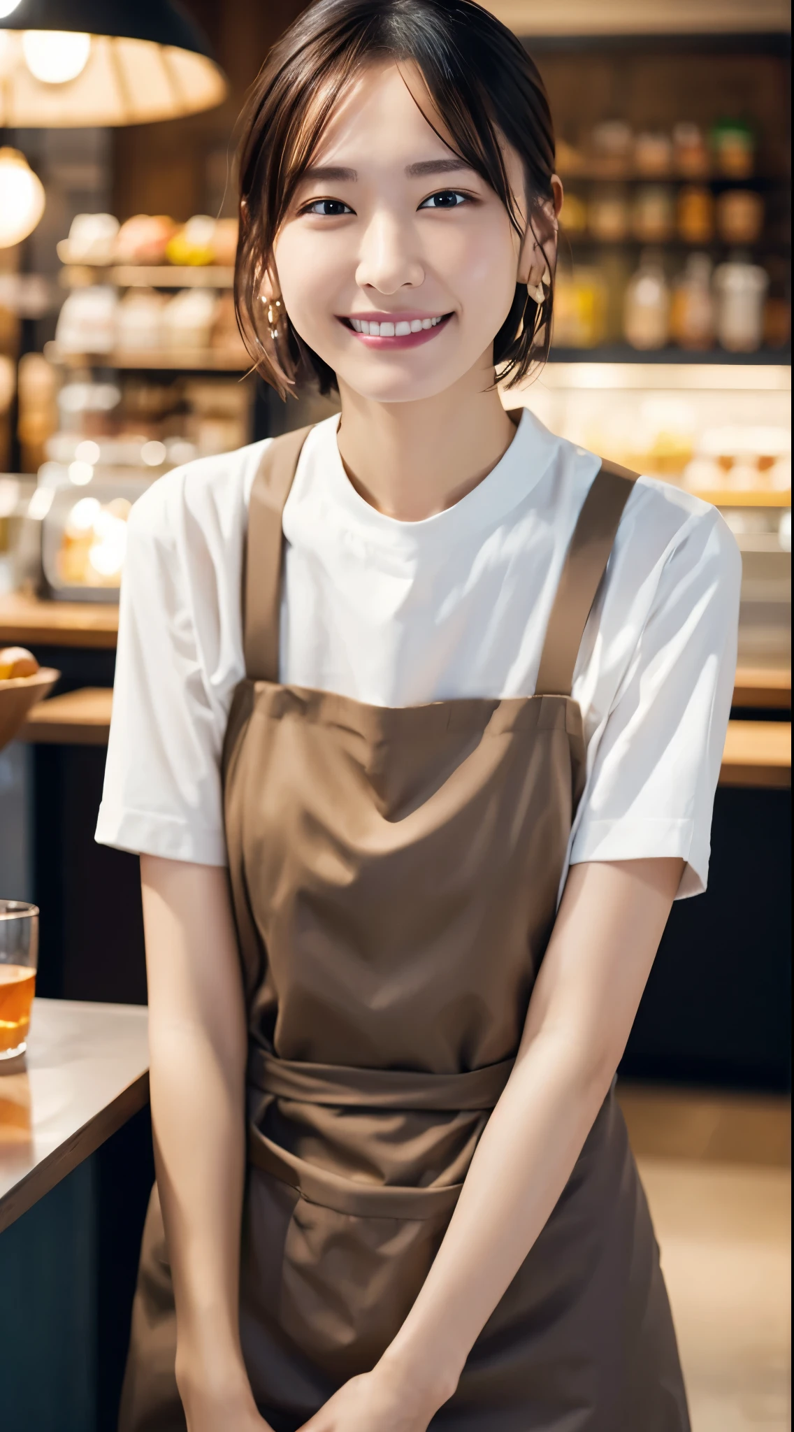 (Open Cafe、Cafe staff)、Earrings、(Cafe uniform)、short hair、They hesitate,、Wet Hair, Underarm,, (High color saturation:1.0), (Very detailed肌), (Please redeem:1.0), (Ultra-high resolution:1.0) ,(Realistic:1.0), (Very detailed:1.0), (8k, RAW Photos:1.1)、Center of chest、Spread your legs、Yoshizuki Iori、(Front View)、Brown Hair、slender、、ponytail、Serving customers