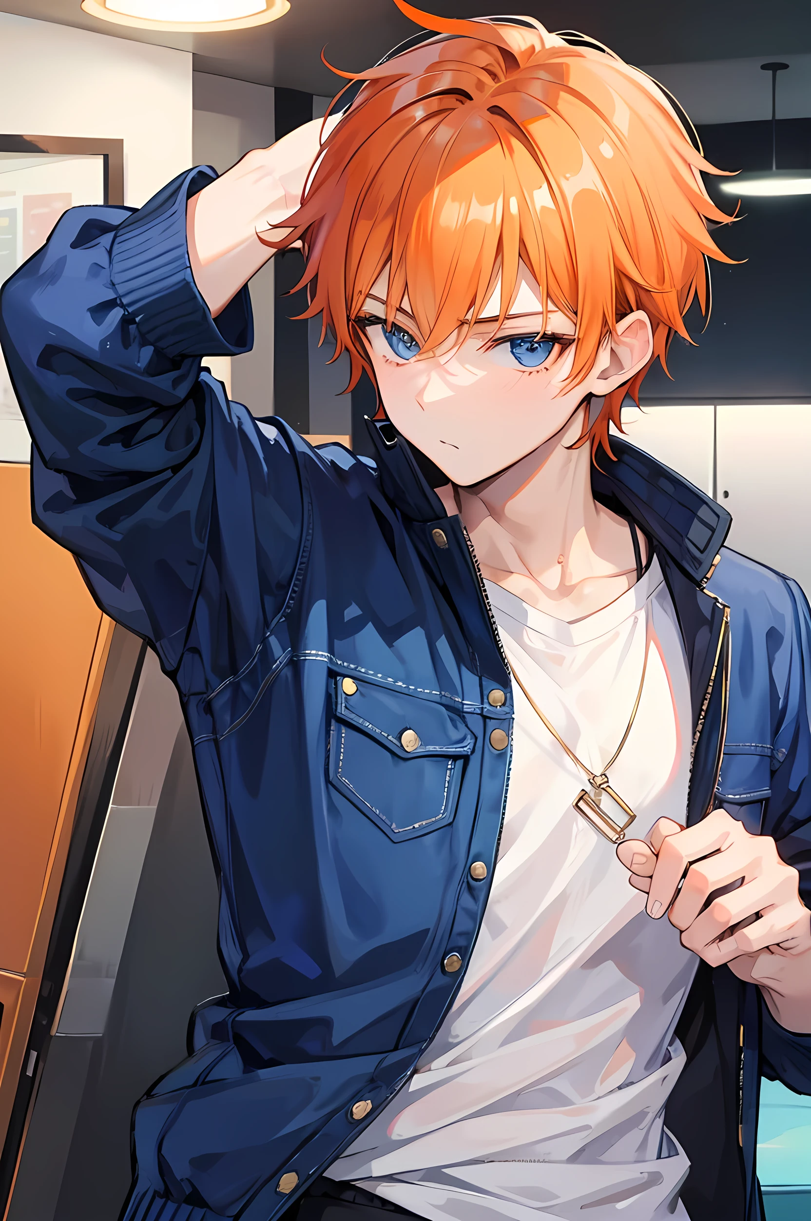 (masterpiece, Best Quality), extremely detailed, best quality, ultra-detailed, (best illumination, best shadow),1boy, male, man, tartaglia\(genshin impact\), solo, tartaglia\(genshin impact\), orange hair, short hair, perfect face, orange eyebrows, sharp eyes, blue eyes, smile,in the classroom, male, shy expression, twisted waist, black suit, (open shirt:1.4), undone tie, red tie muscular male, abs, navel, nipples, pectorals, clear skin, handsome, lewd, (black harness:1.4), dog ears, orange hair, tongue sticking, collar, dog chain, kneeling position, tongue sticking out, saliva, hands raised like a dog, fangs, hips, looking up