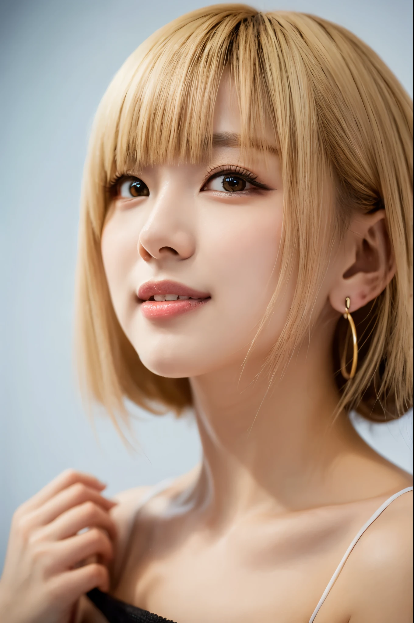 ((close-up photo of face:1.4))、(highest quality、table top、8k、best image quality、Award-winning work)、(one young girl, 14 years old:1.3)、(Perfect naked beautiful girl:1.5)、(red eyeshadow:1.2)、perfect makeup、long eyelashes、Super high-definition sparkling eyes、ultra high definition hair、ultra high resolution glossy lips、Super high resolution perfect teeth、Super high resolution cute face、bright blonde hair:1.4、(very short straight hair:1.1)、look at me and smile、[clavicle]、accurate anatomy、(close up of face:1.5)、Luxury love hotel、(The most moody warm lighting:1.2)、blurred background、With bangs、Super high-resolution glossy and moisturized face、Super high-resolution glowing skin、most detailed face、Ultra high resolution detailed faces、ultra high resolution hair、Super high resolution sparkling eyes、Beautiful face drawn in every detail、Super high resolution glossy red lips
