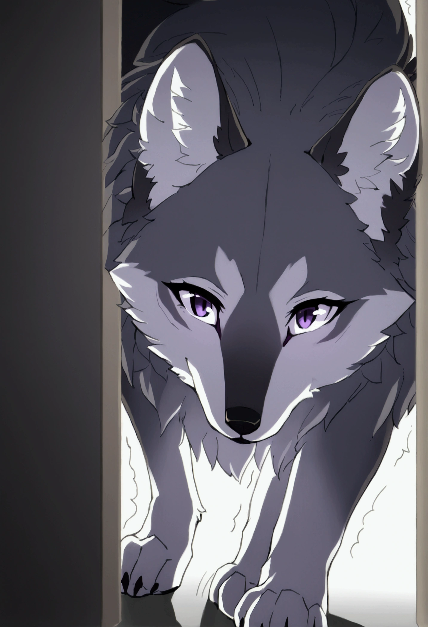 top quality, best quality, High-quality illustrations, masterpiece, uploaded on pixiv), very beautiful and detailed body face and eyes, round, 1 female, wolf, Delta, (The Eminence in Shadow), wolf ears, wolf tail, perfect eyes, wolf eyes, purple eyes, body movement, body twitching