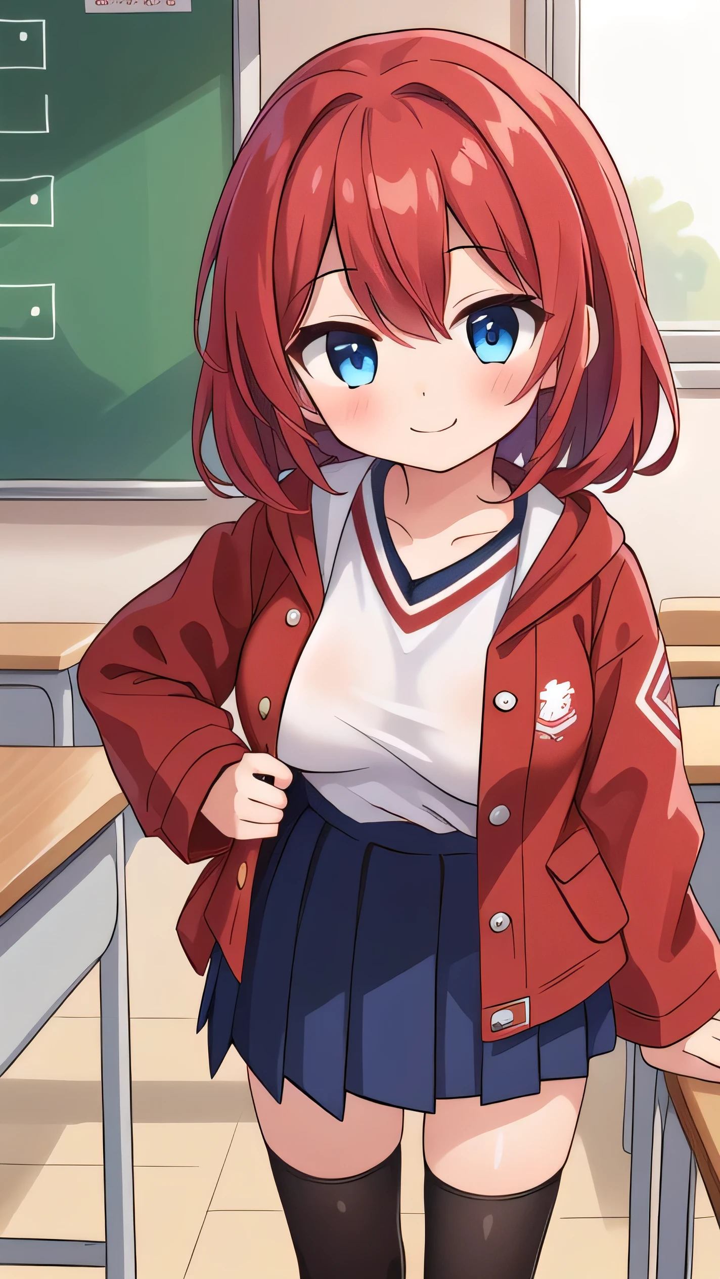 (1girl:1.5), ((((little female child)))) ,Big breasts, (red hair:1.3), blue eyes, droopy eyes, (red jacket:1.3), long sleeves, navy skirt, elementary school student, (super big breasts:1.3), (medium hair: 1), baggy clothes, elementary school student, young face, short height, , old, shy Agari, smiling a little, in the classroom, white shirt, (straight hair:1.2) , gentle smile, a little smile ,