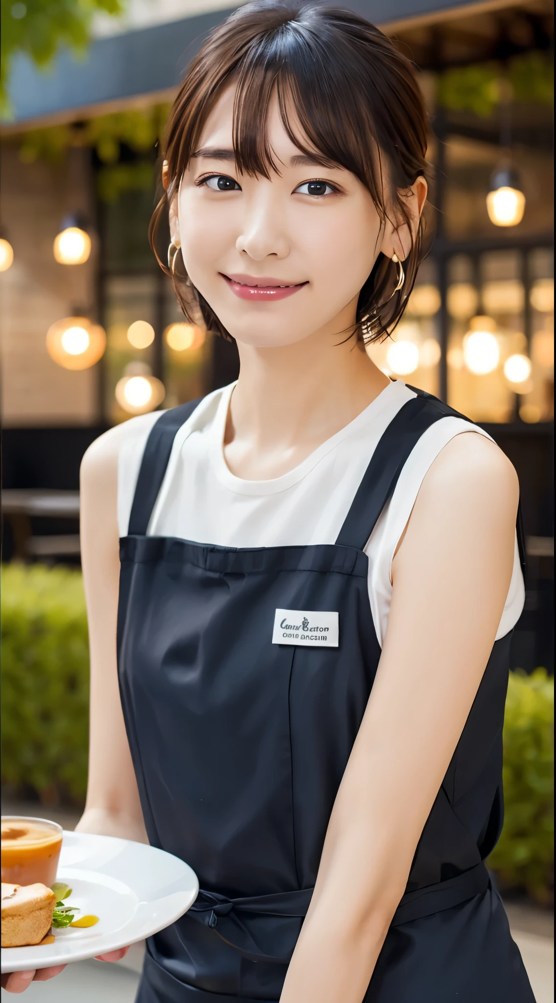  (Open Cafe、Cafe staff)、Earrings、(Cafe uniform)、short hair、They hesitate,、Wet Hair,  Underarm,, (High color saturation:1.0),  (Very detailed肌), (Please redeem:1.0), (Ultra-high resolution:1.0) ,(Realistic:1.0), (Very detailed:1.0), (8k, RAW Photos:1.1)、Center of chest、Spread your legs、Yoshizuki Iori、(Front View)、Brown Hair、slender、、ponytail、Serving customers