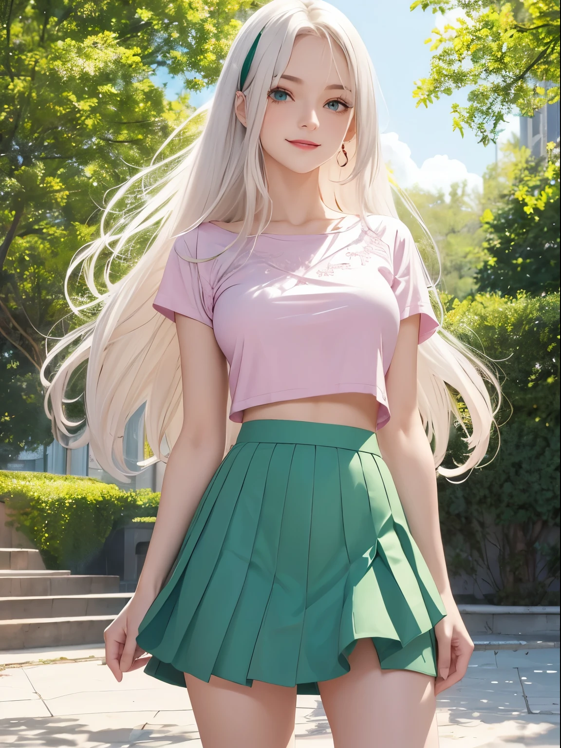 ((masterpiece)), ((Best quality)), beautiful woman, white hair, long layered hair, (pastel colors), (detailed face), green eyes, red lips, smiling, pink t-shirt with black lines, tight t-shirt, bare midriff, (perfect body), medium breasts, slim waist, white plain skirt, mini skirt, slender legs, white sneakers, In a park, standing, full length portrait, (pastel colors), looking at viewer,