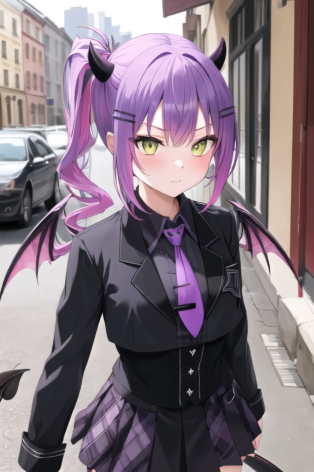 masterpiece, best quality, highres, eetowa, long hair, side ponytail, sidelocks, demon horns, hairclip, demon wings, demon tail, purple necktie, black shirt, collared shirt, long sleeves, black skirt, plaid skirt, standing, cowboy shot, street,