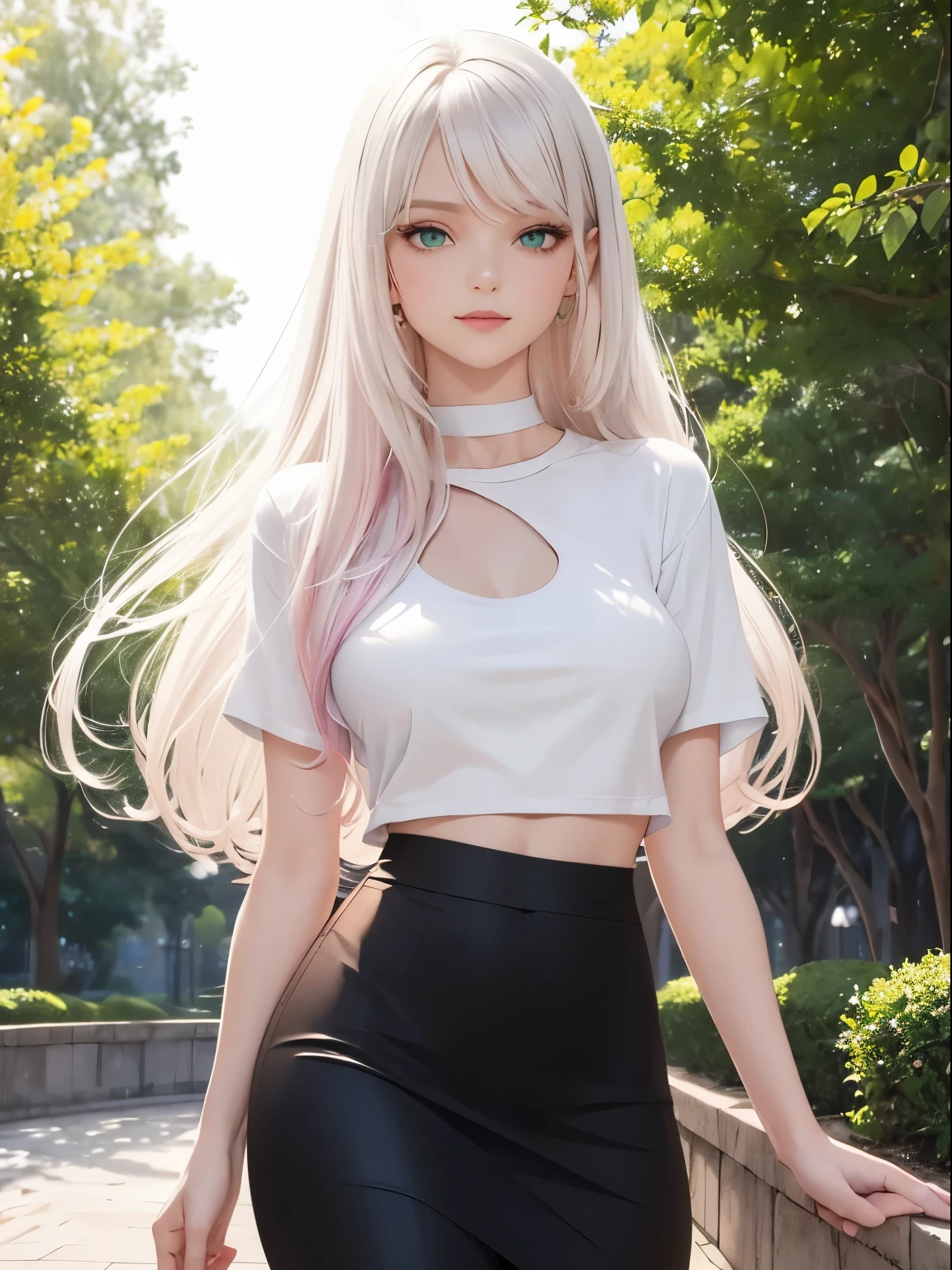 ((masterpiece)), ((Best quality)), beautiful woman, white hair, long layered hair, (pastel colors), (detailed face), green eyes, red lips, smiling, pink t-shirt with black lines, tight t-shirt, bare midriff, (perfect body), medium breasts, slim waist, white plain skirt, mini skirt, slender legs, white sneakers, In a park, standing, full length portrait, (pastel colors), looking at viewer,