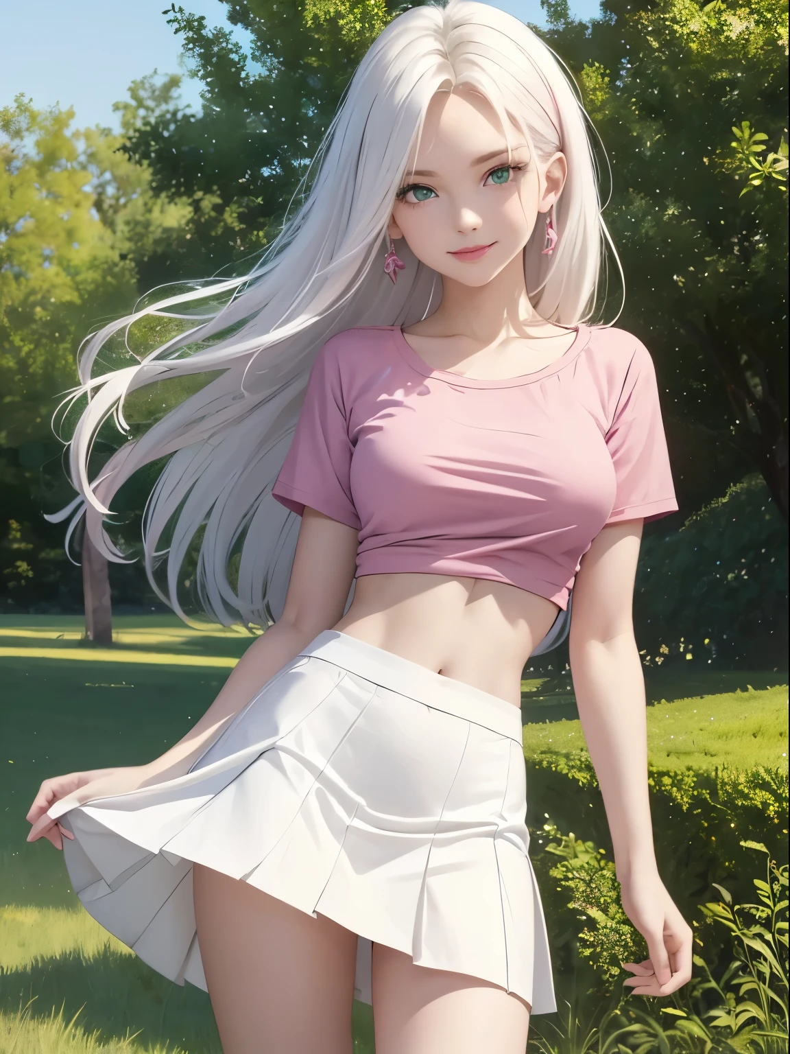 ((masterpiece)), ((Best quality)), beautiful woman, white hair, long layered hair, (pastel colors), (detailed face), green eyes, red lips, smiling, pink t-shirt with black lines, tight t-shirt, bare midriff, (perfect body), medium breasts, slim waist, white plain skirt, mini skirt, slender legs, white sneakers, In a park, standing, full length portrait, (pastel colors), looking at viewer,