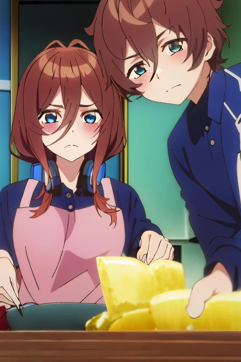 (The best quality:1.1), (masterpiece:1.4), {shun_tokinoya_Bokuranoame-iro}, Hair marrón, brown eyes, ,
{nakano_miku_gotoubunnohanayome:1.15}, Hair_between_The eyes, blue_eyes, of 19_around_neck, of 19, blush, closed_boca, bright_Hair, 2 people, male & female, 1girl & 1 boy, 2 people, romance