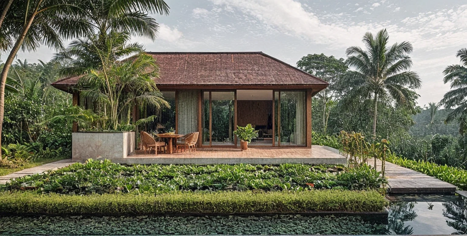 Raw photo,Masterpiece, high quality, best quality, authentic, super detail, 
exterior, outdoor,  two-story house with an earthy orange exterior, blending seamlessly into a lush tropical garden. The flat-roofed structure is surrounded by greenery, black tile roof, with a rooftop garden spilling over the edges, Sloped roof, black tile roof. The house has large glass windows and doors, revealing an open, warm-toned interior with natural wooden elements. The garden in the foreground is vibrant, featuring rows of large, healthy vegetables, including leafy greens and cabbages. Tropical plants and trees surround the property, enhancing the feeling of being immersed in nature. The overall scene is tranquil and rich with natural elements,(sunset:1.2) (lightnight:1.2)
 vivid colour, (realistic:1.2),