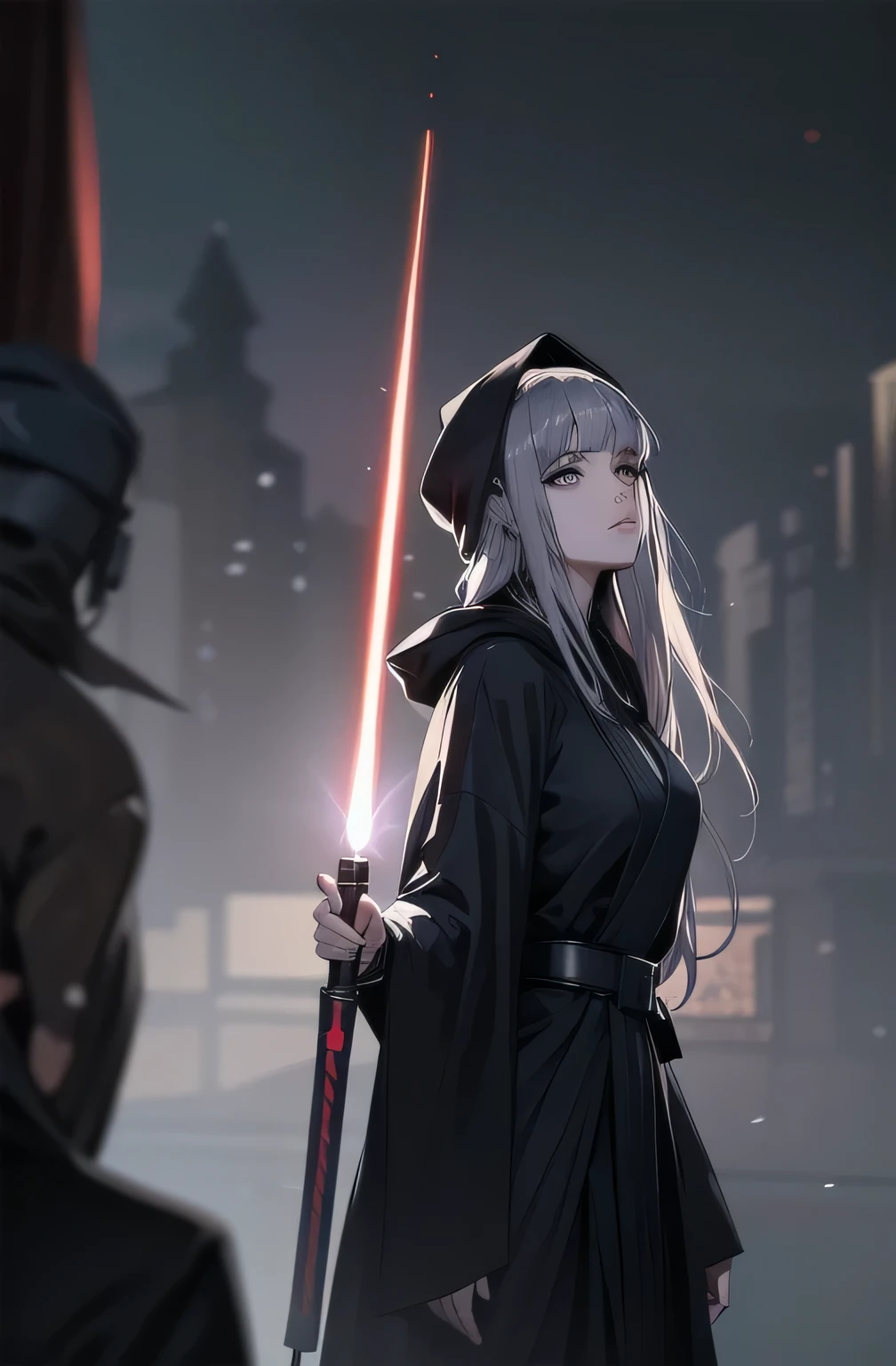 Shadow Face、Star Wars, jedi, black jedi robe、Black Robe, black belt,Star Wars concept art, Star Wars、jedi、Lightsabers、Black Robe、jediの服、Black hoodを被る、Star Wars、beautiful girl、cute、Droopy eyes、Random hair color、Beautiful Long Hair、Straight hair、bangsBangs、bangs、hime cut、Big Breasts、Slim body、slim、(Best Quality,4K,High resolution,Masterpiece 1.2),Very detailed,Real 1.37,Spooky Background,Dark fantasy,Black Theme,Ominous atmosphere,Eye-catching,Anime Style,Concept Art,beautiful, Gentle features, pale Skin, night、Dim lighting、Dark Background, Cinema Lighting, Dramatic Shadows, Spooky atmosphere, Dark words, 1 person&#39;S, Red cheeks, ,(Lightsabers1.3),Ruins,(Wasteland 1.3),((Random hair color)), Female Curves, Sexy flat stomach, Perfect hands, Extend one hand、Perfect anime character face, (Black hood)), standing, ((Black Robe), ,(Star Wars 1.3), In the woods, Moonlight Illumination, Night lighting, jungle、Space Fantasy,SF, Skeleton Gas Light,Absurd, High resolution、 ((Star Wars)), ((Best Quality)), (Very detailedな), ((Very detailed)), (beautiful), ((cute)), 1 person,(1.6)、beautiful face、Full Body Ezbian、pale, Beautiful skin、Big Breasts、Beautiful body、Slim body、beautiful feet、Smiling Kindly、Dark Building Ruins、(Ruins 1.3)、Low angle full body shot、(Random Background 1.3)、(Random Lightsabers Color 1.3)、Spirits、Droopy eyes、bangs, Long Hair, Star Wars、jedi、Blue Lightsabers、Ready your Lightsabers、Star Wars Background、Ruins、In the woodsで、night