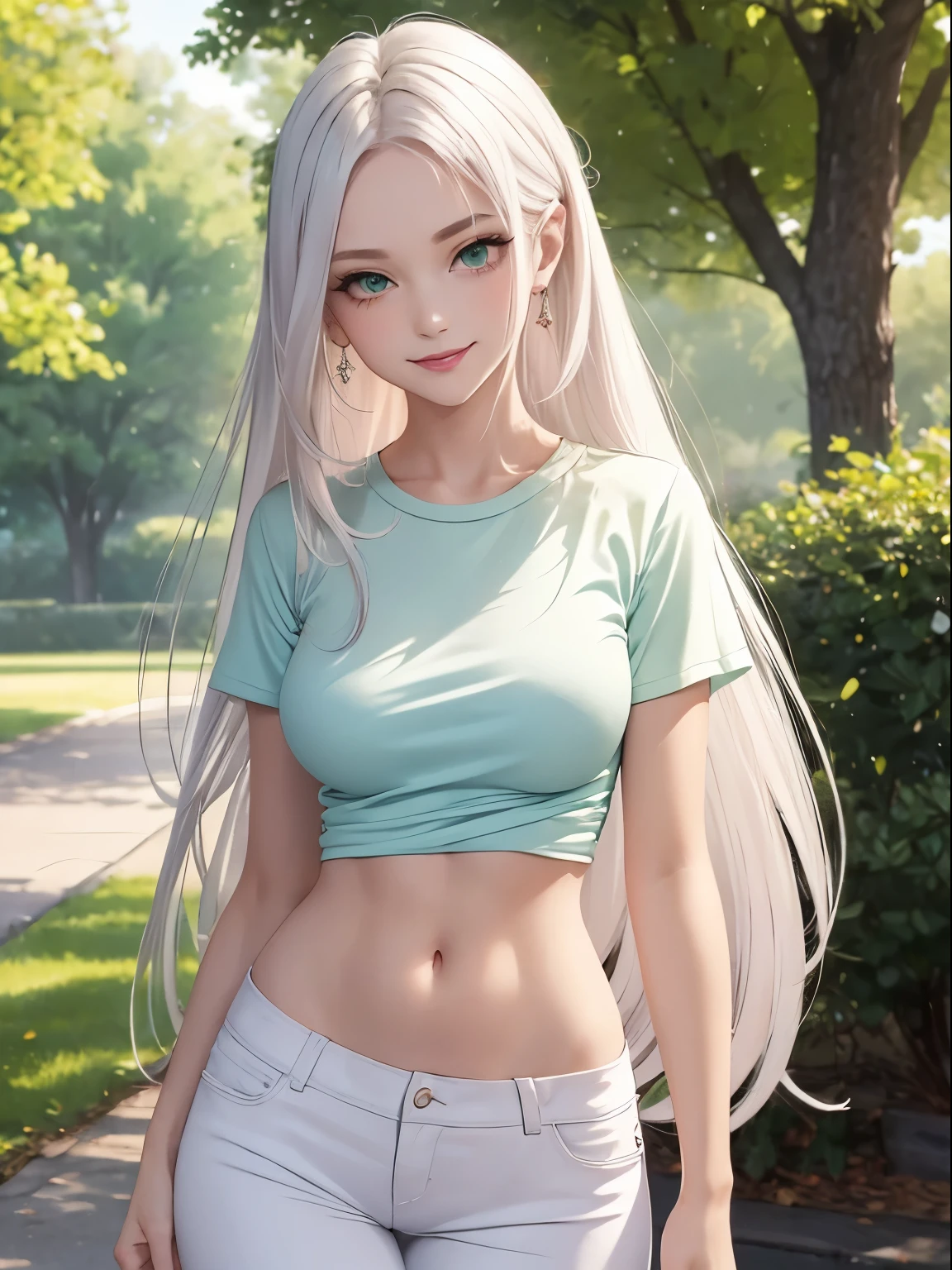 ((masterpiece)), ((best quality)), beautiful woman, white hair, long layered hair, (pastel colors), (detailed face), green eyes, red lips, smiling, pink t-shirt with black lines, tight t-shirt, bare abdomen, (perfect body), medium breasts, slim waist, white gens, slim legs, white sneakers, in a park, standing, full length portrait, (pastel colors), looking at viewer,