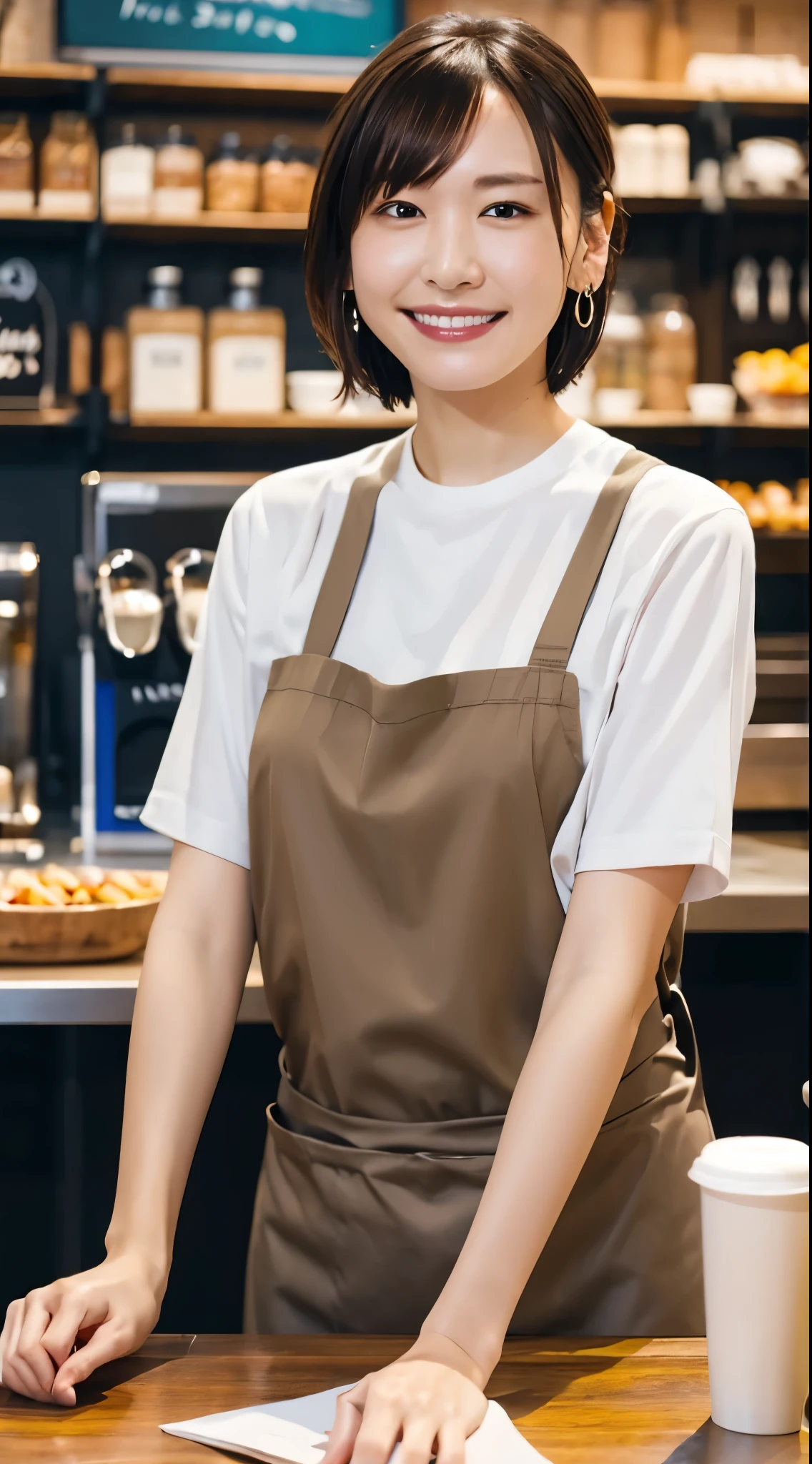 (Open Cafe、Cafe staff)、Earrings、(Cafe uniform)、short hair、They hesitate,、Wet Hair, Underarm,, (High color saturation:1.0), (Very detailed肌), (Please redeem:1.0), (Ultra-high resolution:1.0) ,(Realistic:1.0), (Very detailed:1.0), (8k, RAW Photos:1.1)、Center of chest、Spread your legs、Yoshizuki Iori、(Front View)、Brown Hair、slender、、ponytail、Serving customers at the counter