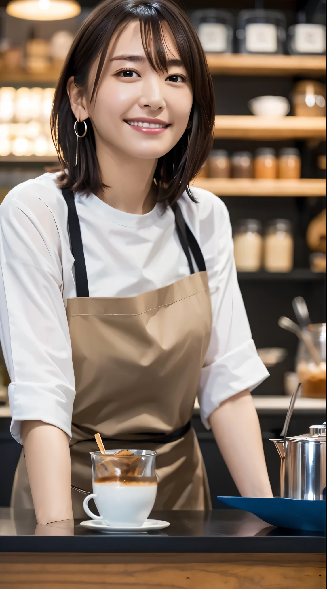 (Open Cafe、Cafe staff)、Earrings、(Cafe uniform)、short hair、They hesitate,、Wet Hair, Underarm,, (High color saturation:1.0), (Very detailed肌), (Please redeem:1.0), (Ultra-high resolution:1.0) ,(Realistic:1.0), (Very detailed:1.0), (8k, RAW Photos:1.1)、Center of chest、Spread your legs、Yoshizuki Iori、(Front View)、Brown Hair、slender、、ponytail、Serving customers at the counter