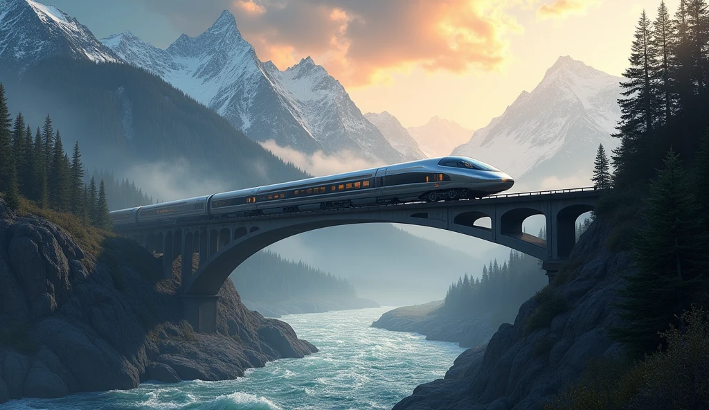 a modern train on a bridge in the mountains over the wild river, highly detailed, intricate, cinematic, dramatic lighting, (best quality,4k,8k,highres,masterpiece:1.2),ultra-detailed,(realistic,photorealistic,photo-realistic:1.37),HDR,UHD,studio lighting,ultra-fine painting,sharp focus,physically-based rendering,extreme detail description,professional,vivid colors,landscape,dramatic lighting,moody atmosphere,volumetric fog,mist,dramatic sky,sunrays