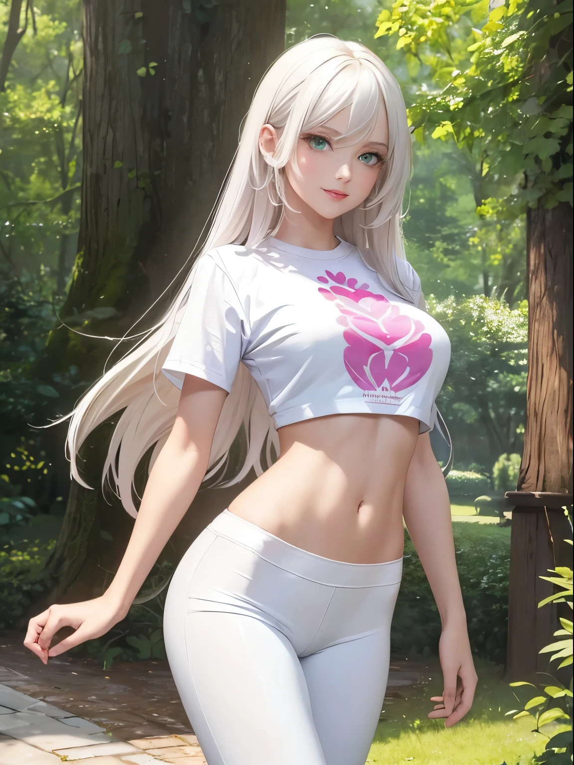 ((masterpiece)), ((best quality)), beautiful woman, white hair, long layered hair, (pastel colors), (detailed face), green eyes, red lips, smiling, pink t-shirt with black lines, tight t-shirt, bare abdomen, (perfect body), medium breasts, slim waist, white leggings, slim legs, white sneakers, in a park, standing, full length portrait, (pastel colors), looking at viewer,