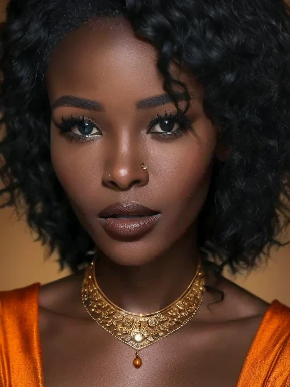 Beautiful African woman in the image of the African goddess Iansa, dressed in orange. beautiful gold jewelry, very dark skin,