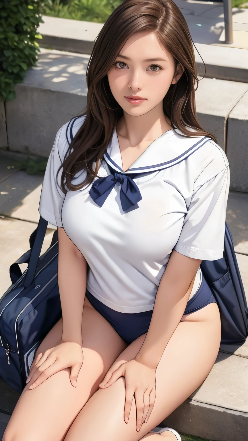 {3 | 2} Beautiful high school student girl sitting in the schoolyard, Cumulonimbus clouds floating in the summer sky, (Navy blue speedo swim briefs:1.2), (Wearing a white sailor shirt:1.2), school bag, (whole body:1.5), Very slim, Thin thighs, shin, Brown eyes, (school swim suit), Large Breasts, (Cleavage:0.5), Long Hair, (Sexy pose:0.5)