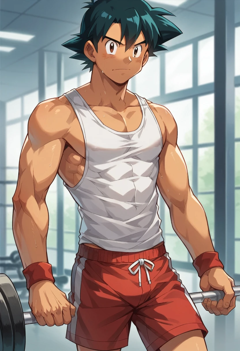 1boy, 1solo, ash ketchum, black hair, brown eyes, hair between eyes, ash ketchum, in a gym, tank top, shirtless, shorts, handsome boy, macho, good looking boy, muscular boy, athletic boy, he's working out