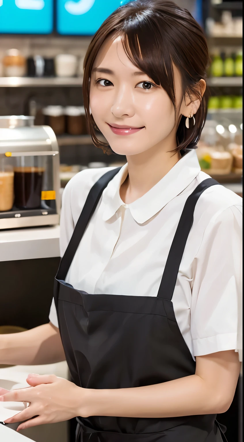  (Open Cafe、Cafe staff)、Earrings、(Cafe uniform)、short hair、They hesitate,、Wet Hair,  Underarm,, (High color saturation:1.0),  (Very detailed肌), (Please redeem:1.0), (Ultra-high resolution:1.0) ,(Realistic:1.0), (Very detailed:1.0), (8k, RAW Photos:1.1)、Center of chest、Spread your legs、Yoshizuki Iori、(Front View)、Brown Hair、slender、、ponytail、Serving customers at the counter