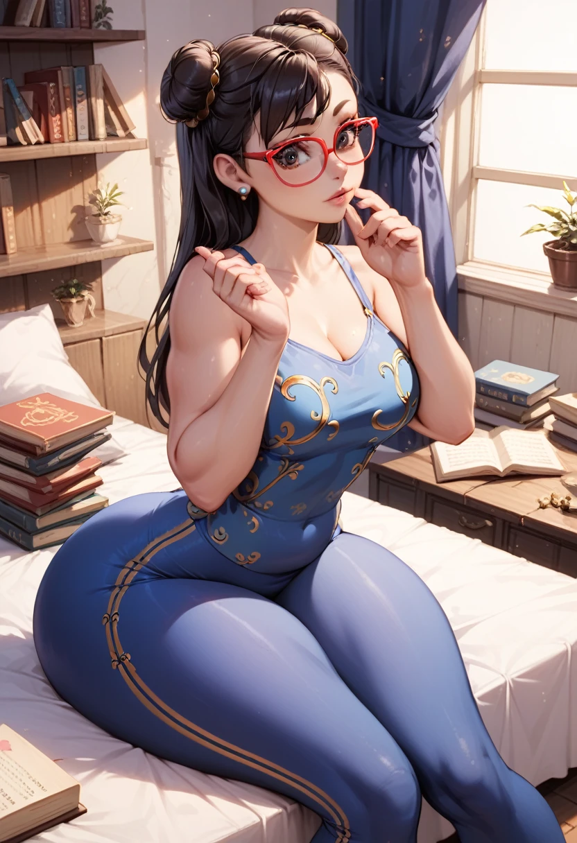 A woman, smooth skin, white skin, big eyes, long eyelashes, cute big eyes, small torso, huge ass, plump ass, Wide hips, fleshy legs, thick thighs , (The best quality), masterpiece, chun li, she is so cute, (She is wearing pajamas and red glasses), (She is wearing blue leggings), (ultra high Bloom), (high-contrast), (High quality Shaders), (shadows), (Ultra shadow quality), (hyperrealism), (She is sitting in her living room, surrounded by books and sheets of notes scattered around the room. She has her hand on her face in a thoughtful manner., visibly worried and intrigued. The light is soft and there is an air of tranquility in the environment.) 