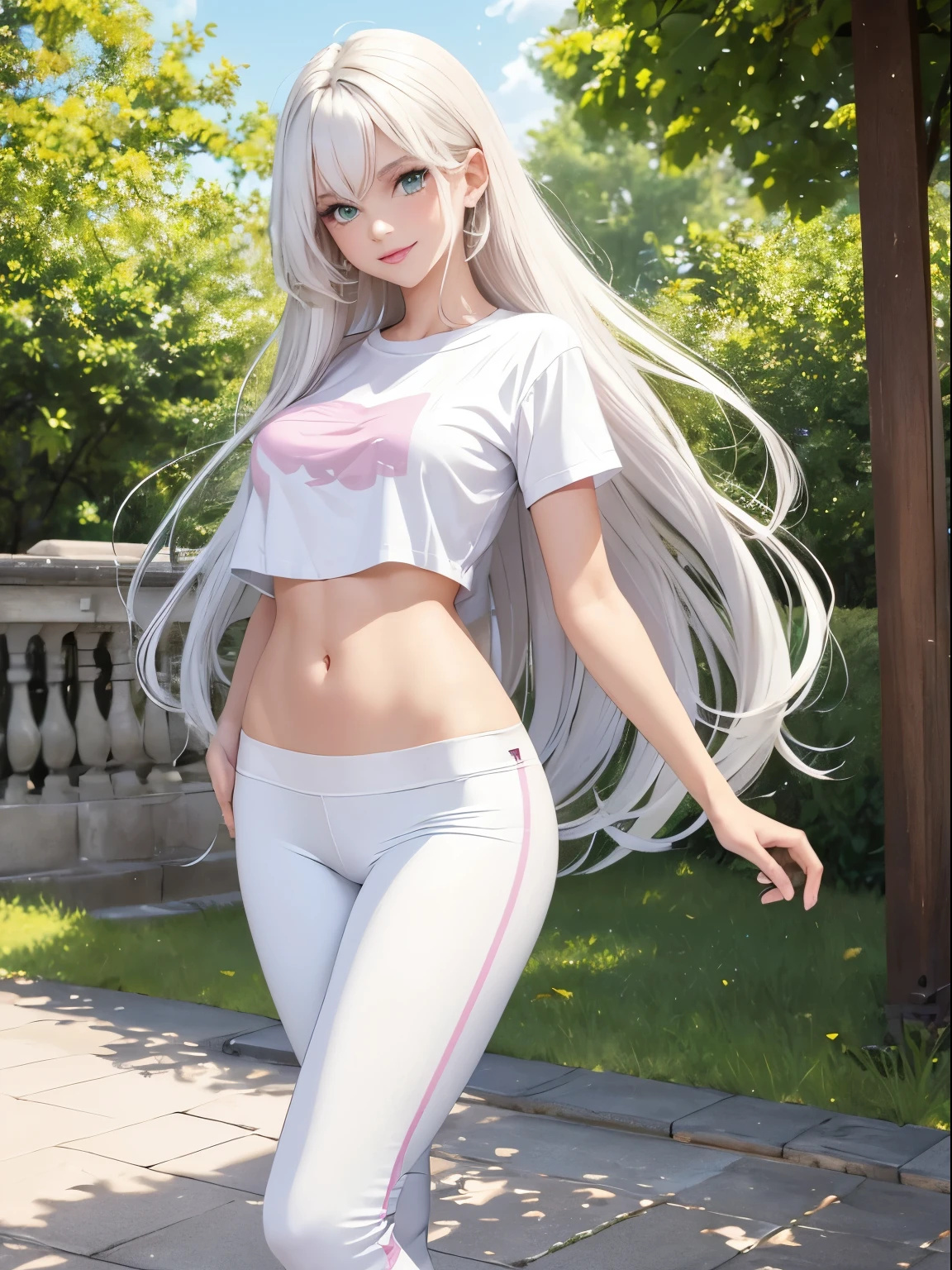 ((masterpiece)), ((best quality)), beautiful woman, white hair, long layered hair, (pastel colors), (detailed face), green eyes, red lips, smiling, pink t-shirt with black lines, tight t-shirt, bare abdomen, (perfect body), medium breasts, slim waist, white leggings, slim legs, white sneakers, in a park, standing, full length portrait, (pastel colors), looking at viewer,