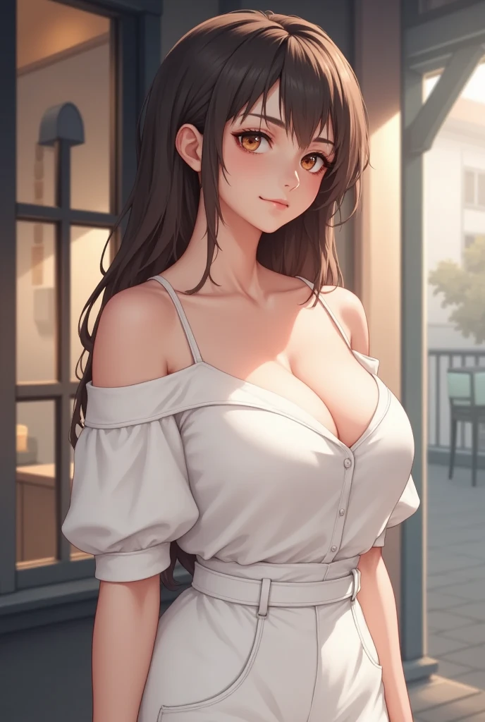 psanime, perfect body, cowboy shot of a beautiful Asian woman wearing a white off shoulder shirt and white skirt standing outside a cafe, she is posing, she has pretty lipstick, she is smiling gently