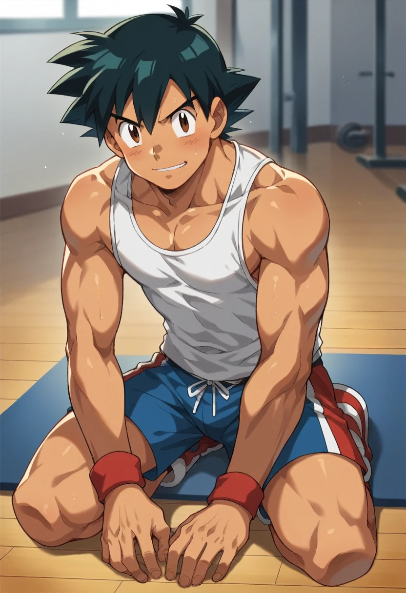 1boy, 1solo, ash ketchum, black hair, brown eyes, hair between eyes, ash ketchum, in a gym, tank top, shirtless, shorts, handsome boy, macho, good looking boy, muscular boy, athletic boy, he's working out, sit ups