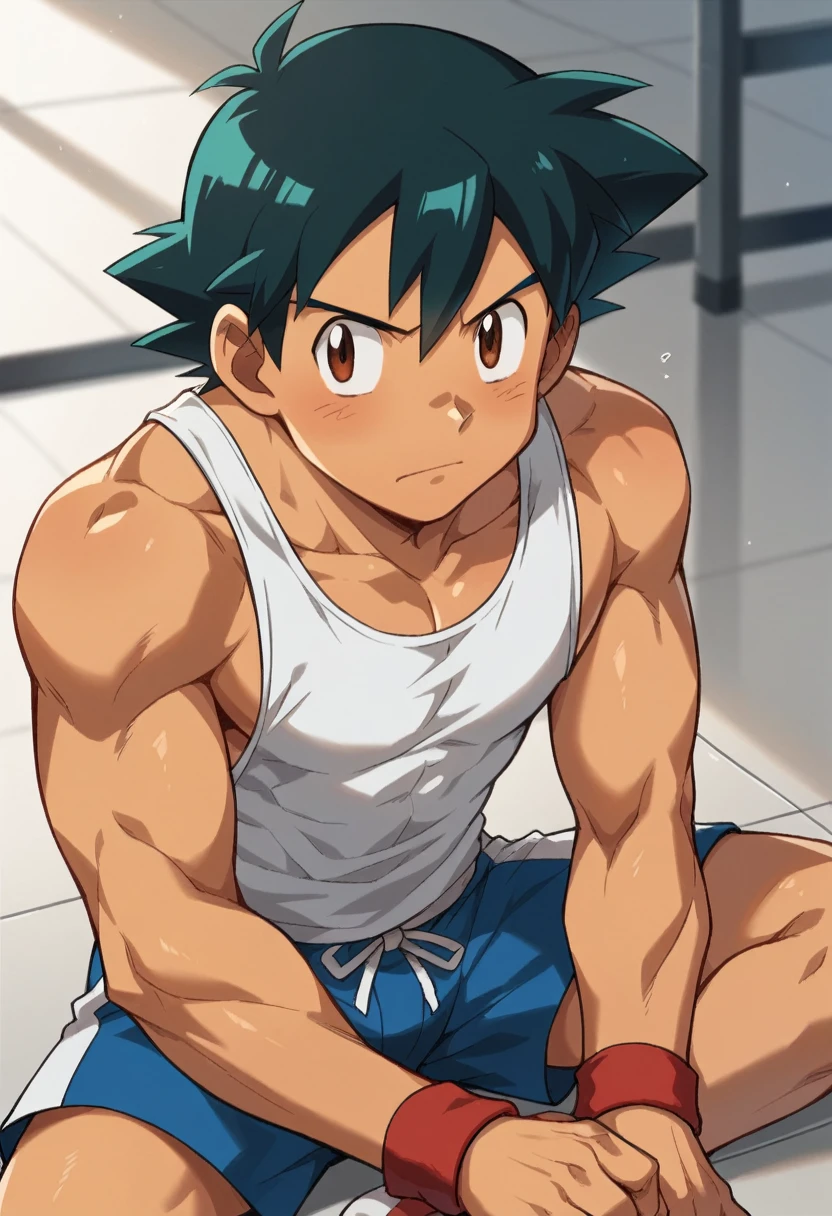 1boy, 1solo, ash ketchum, black hair, brown eyes, hair between eyes, ash ketchum, in a gym, tank top, shirtless, shorts, handsome boy, macho, good looking boy, muscular boy, athletic boy, he's working out, sit ups