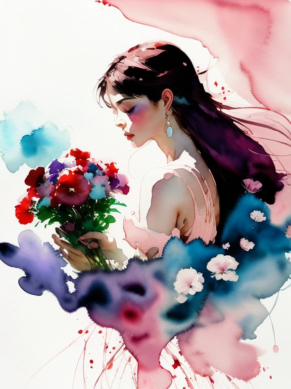 1girl,flower,lisianthus,in light pink and light blue style,dreamy and romantic compositions,pale pink,ethereal foliage,playful arrangements,fantasy,high contrast,ink strokes,explosions,overexposure,purple red tonal impression,abstract,((watercolor painting by john berkey and jeremy mann))brush strokes,negative space,