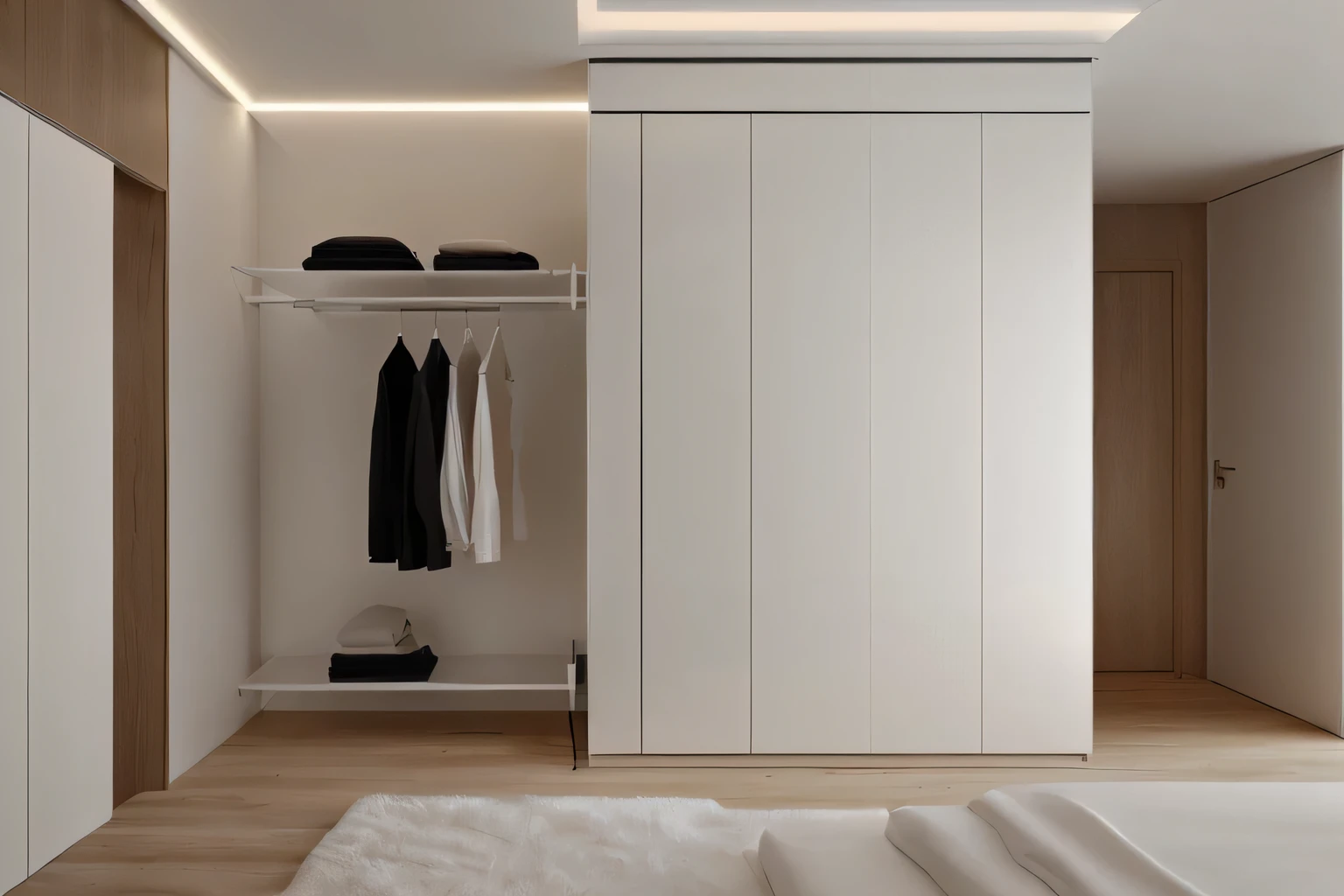 There is a hanger and a clothes rack in the room, elegant wardrobe, Elegant Futuristic Wardrobe, modern Minimalistic design, Elegant minimalism, modern and minimalist, simple clean lines, flat minimalist, Minimalistic design, clean and tidy, visualized lighting, Minimalistic design интерьера, Elegant render, vivid visualization, minimalistic and clean, Minimalistic design, Minimalistic design, Minimalistic & Beautiful