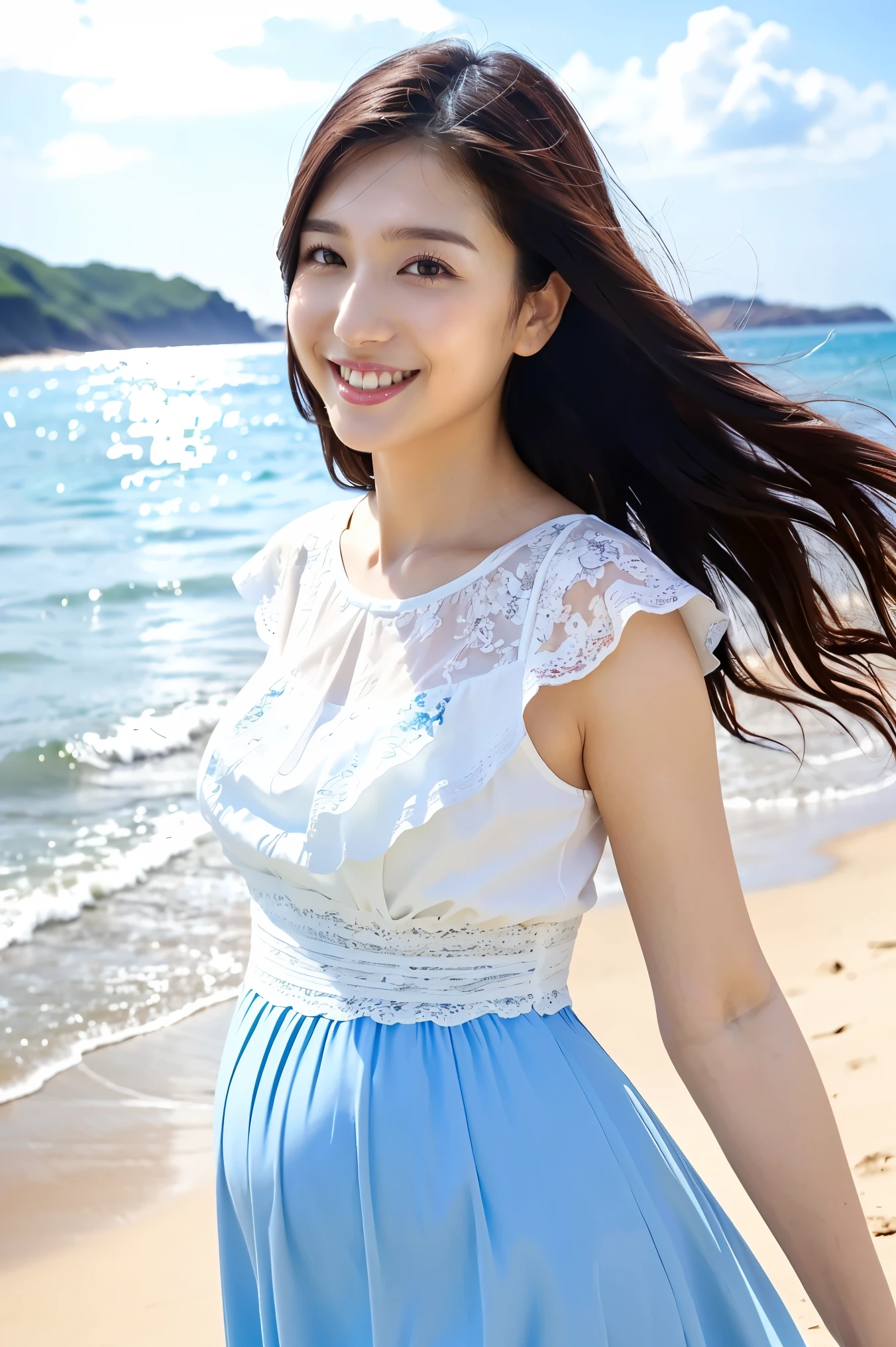 (Best Quality、masterpiece、8k、Best Quality、Hyperrealism、Award-winning works)、1 pregnant woman、(Alone:1.1)、(1 photo:1.1)、(Cute wavy hair:1.1)、(White shirt with elegant lace and frills:1.2)、(Light blue long flared skirt, transparent, Floral.:1.2)、(The most natural slight pregnancy bump:1.1)、(Beautiful Hiroshi々とした滑らかな砂浜にStanding Elegantly:1.2)、(Beautiful and mysterious beach background:1.4)、Beautiful wave edge、(Beautiful sunny sky:1.1)、(Beautiful thunderclouds:1.1)、(Standing Elegantly:1.1)、Look at me with your biggest smile、Accurate anatomy、Perfect Makeup、Long eyelashes、Glossy lips、Ultra HD Glossy Skin、(Ultra-high resolution, Bright and beautiful skin:1.2)、(Very bright and vivid:1.3)、超高精細のGlossy lips、Ultra-high resolution beautiful teeth、(Very bright and vivid:1.1)