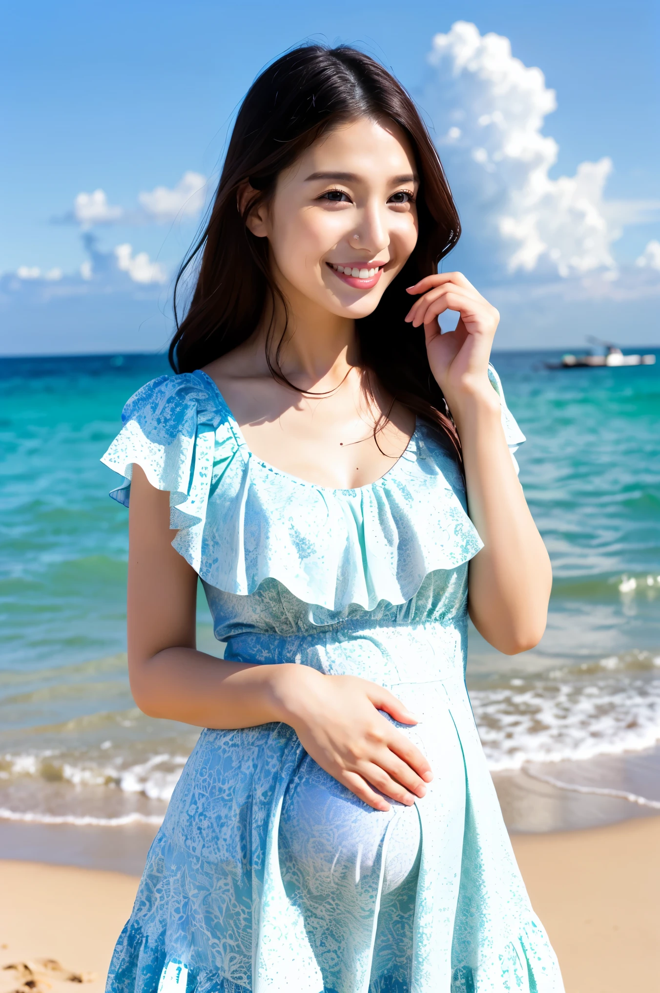 (Best Quality、masterpiece、8k、Best Quality、Hyperrealism、Award-winning works)、1 pregnant woman、(Alone:1.1)、(1 photo:1.1)、(Cute wavy hair:1.1)、(White shirt with elegant lace and frills:1.2)、(Light blue long flared skirt, transparent, Floral.:1.2)、(The most natural slight pregnancy bump:1.1)、(Beautiful Hiroshi々とした滑らかな砂浜にStanding Elegantly:1.2)、(Beautiful and mysterious beach background:1.4)、Beautiful wave edge、(Beautiful sunny sky:1.1)、(Beautiful thunderclouds:1.1)、(Standing Elegantly:1.1)、Look at me with your biggest smile、Accurate anatomy、Perfect Makeup、Long eyelashes、Glossy lips、Ultra HD Glossy Skin、(Ultra-high resolution, Bright and beautiful skin:1.2)、(Very bright and vivid:1.3)、超高精細のGlossy lips、Ultra-high resolution beautiful teeth、(Very bright and vivid:1.1)