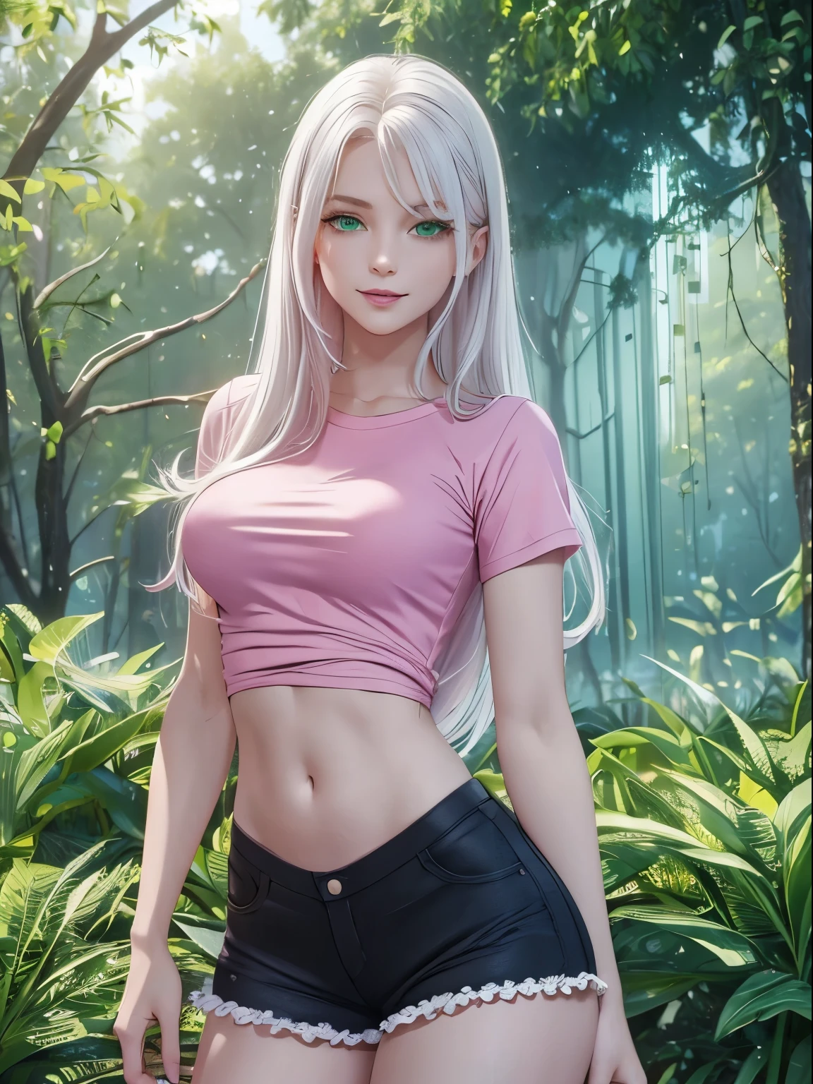 Beautiful women with white porcelin skin. long wavey, pure-white-hair. White yoga pants, white yoga top. white cloak . extremely beautiful model, female, perky breasts,Wide Smile, Eyes Detailed & Wide, sexy Pose. Ultra HD, Rococo-Inspired Fantasy Art With Intricate Details. Cute, Charming Expression, Alluring-Gaze, looking at viewer Beautiful Eyes, An-Ideal-Figure. Large Youthful Well-Shaped-Breasts, Attractive ass showcased. Massive-Round-Bosom, slim waist, fit body, full lipsWarm lights , woman in a dreamy tropical rainforest at night, , delicate face, realistic, real, slim, large aperture, sexy shots, attractive poses. symmetrical face, photorealistic, photography, path tracing, specular lighting, volumetric face light, path traced hairmaximum quality{(masutepiece) (8K High Resolution) (top-quality). Karen Gillan with white hair.