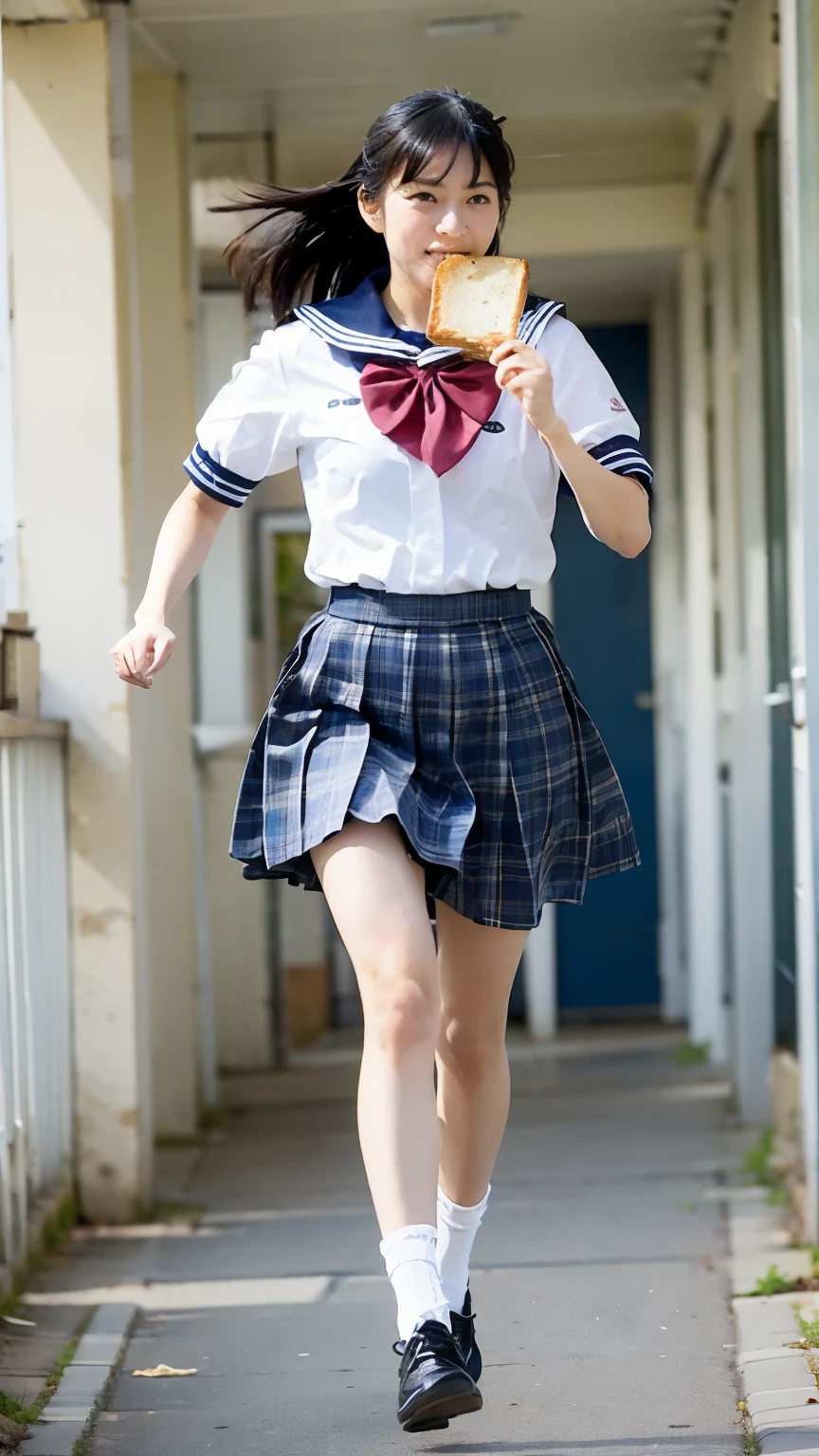 ((最High image quality、8k、masterpiece:1.3))、Realistic, Sharp focus, High image quality, High resolution, 1 person、Japanese、woman, beautiful woman,((High School Uniform)) 、((Short-sleeved sailor suit))、((Light blue plaid pleated skirt))、(Red school ribbon), Medium long hair、Large Breasts,White shoes、 Running towards me down the hallways of a Japanese high school、((Full speed)),（((With bread in his mouth)))、On time