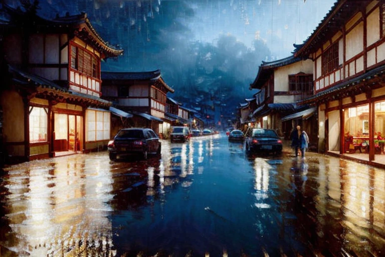 village view with many lights on buildings, fairy tale chinese town, chinese village, amazing wallpaper, japanese town, japanese village, hyperrealistic city photo, old asian village, japanese town, rainy evening, cyberpunk ancient chinese castle, beautifully lit buildings, in the evening during the rain, beautiful and aesthetic, photography, cinematic, 8k, high detail ((heavy rain))), oil painting, by Jeremy Lipking