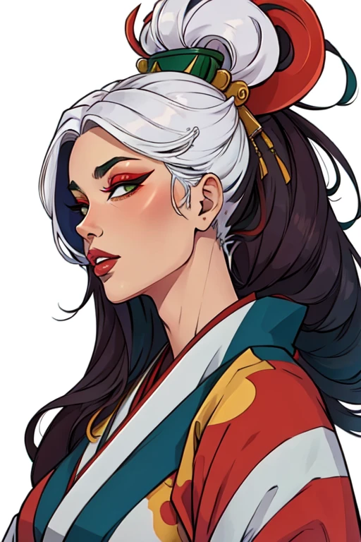 masterpiece,best quality,extreme detail,8k,white background,rogue2,1girl,solo,,multicolored hair, kimono, parted lips, Japanese geishas, geisha makeup