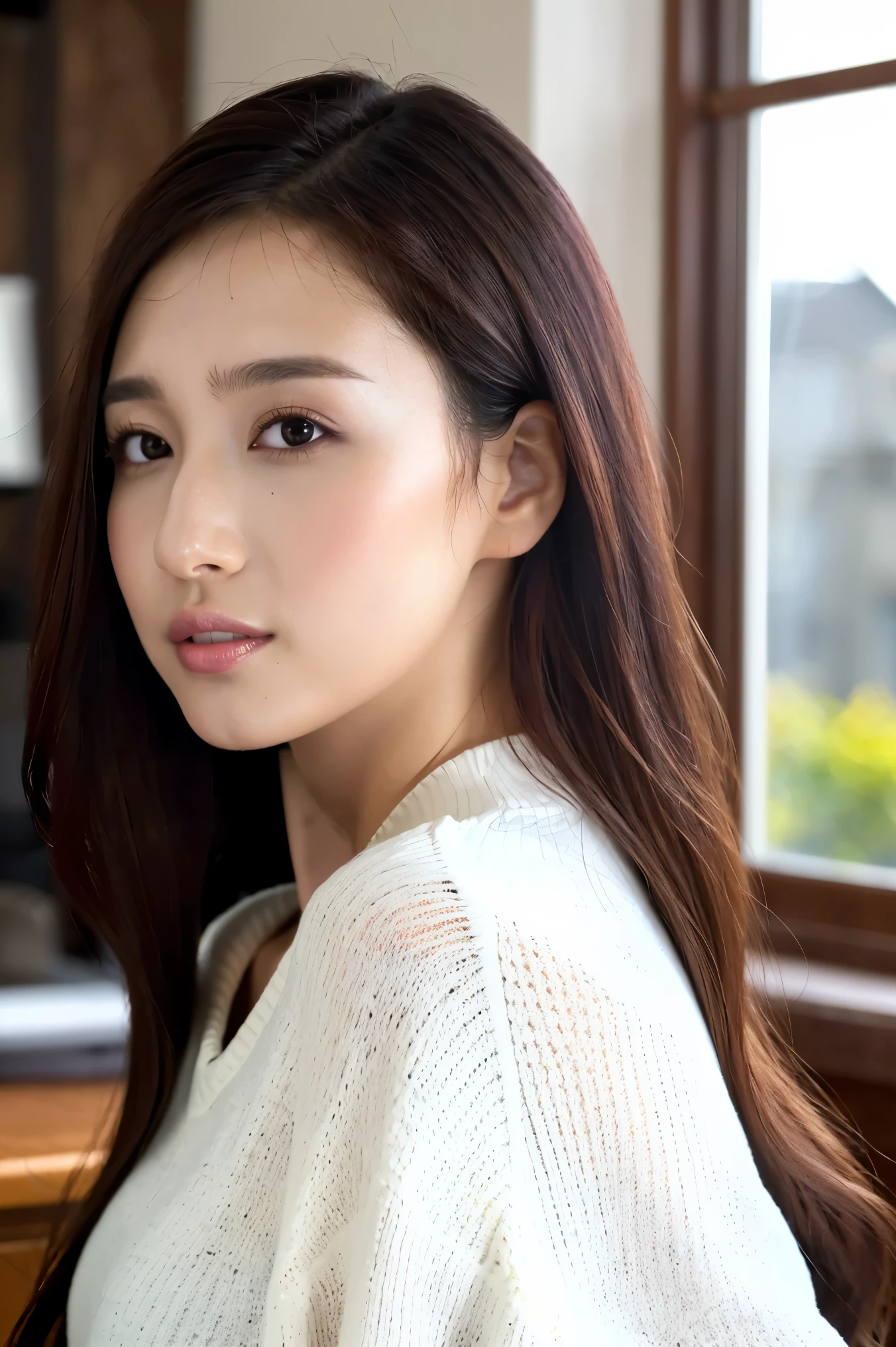 (Tabletop、Best Quality、8k、Award-winning works、Ultra-high resolution)、One Woman、Face close-up、Perfect beautiful face、(Blurred house interior detailed background:1.1)、nose、Glossy lips、(White long sleeve tight V-neck knit sweater:1.3)、(Accentuate your body lines:1.1)、Elegant pose