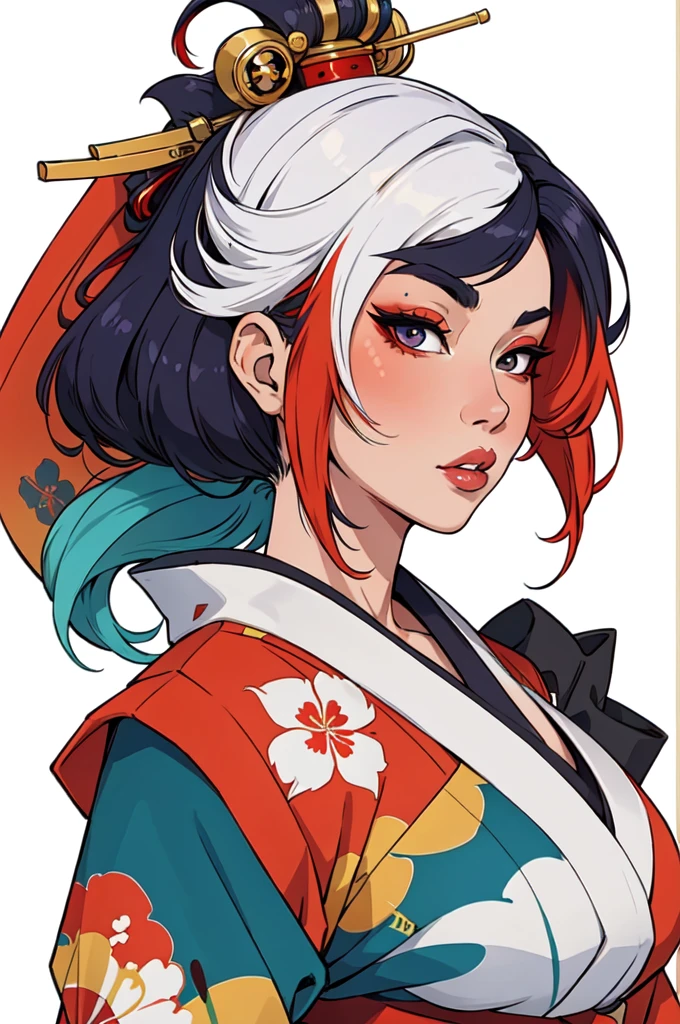 masterpiece,best quality,extreme detail,8k,white background,rogue2,1girl,solo,,multicolored hair, kimono, parted lips, Japanese geishas, geisha makeup