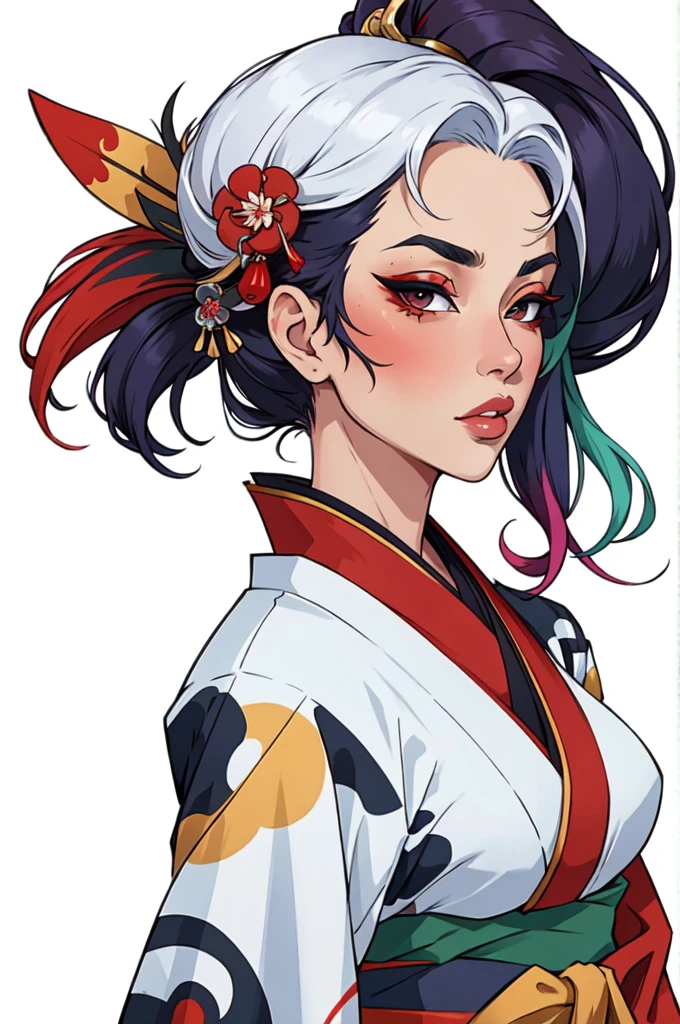 masterpiece,best quality,extreme detail,8k,white background,rogue2,1girl,solo,,multicolored hair, kimono, parted lips, Japanese geishas, geisha makeup