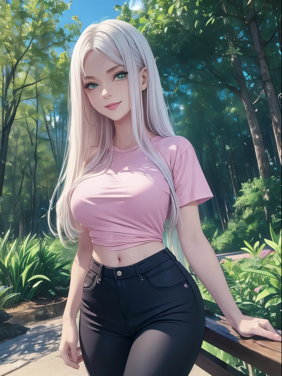 ((masterpiece)), ((best quality)), beautiful woman, white hair, long layered hair, (pastel colors), (detailed face), green eyes, red lips, smiling, pink t-shirt with black lines, tight t-shirt, bare abdomen, (perfect body), medium breasts, slim waist, black lace panties, slim legs, white sneakers, in a park, standing, full length portrait, (pastel colors), looking at viewer,