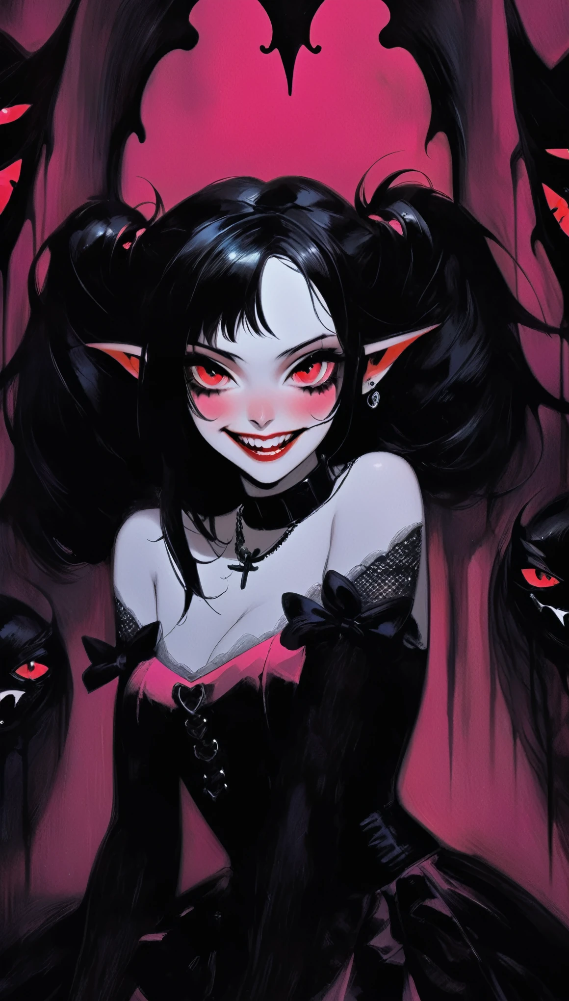 [masterpiece]{best quality}
[expressive eyes]
{perfect face}
[Beautiful_18_years_old_vampire_girl]
{delicious_slim_body}
[black_hair_with_pink_highlights]
{two_pigtails}
[smile_with_mouth_showing_vampire_fangs]
{fangs:1.4}
[squinted_red_eyes]
{hot_pink_lipstick}
[eye_shadow_marked_with_pink_and_black_colors]
{massive_saggy_breasts:1.6}
[Small_pink and_butterfly_corset]
{school_microskirt_with_pink_and_black_checks}
[upskirt:1.5]
{without_underwear}
[visible_pussy]
{juicy_pussy}
[Half_lying_with_legs_open_on_a_black_leather_sofa]
{roadside_motel_room_with_wallpaper_walls}
[fullbody_view]