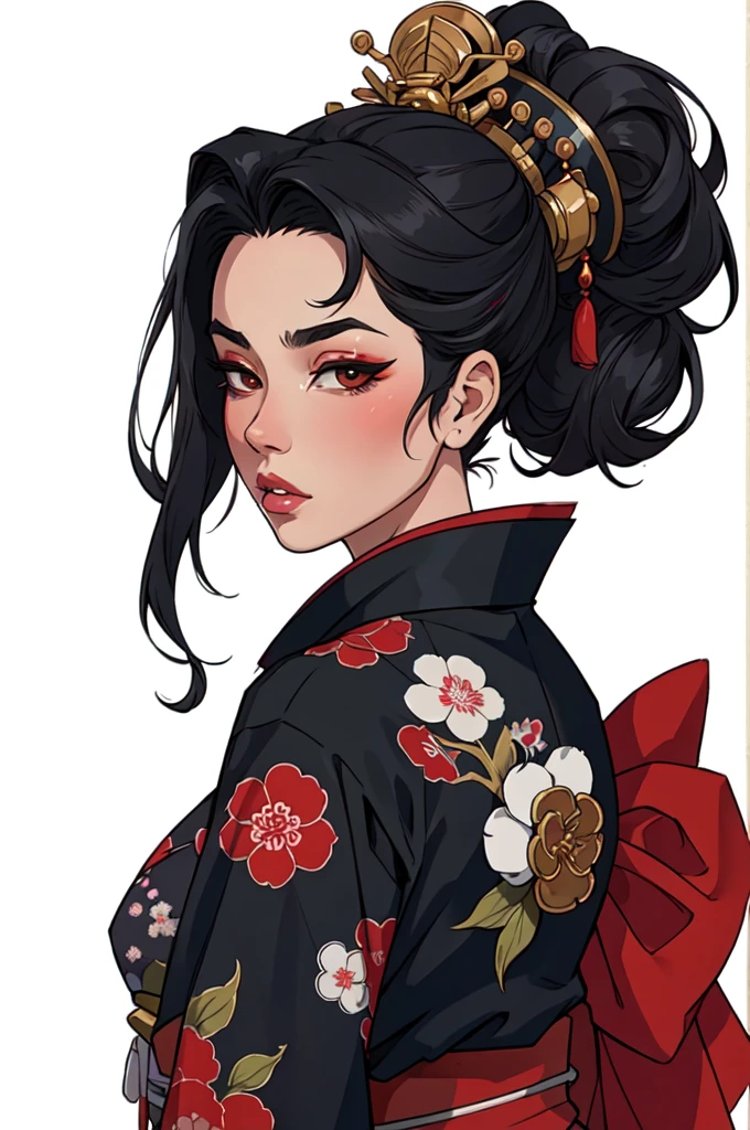 masterpiece,best quality,extreme detail,8k,white background,rogue2,1girl,solo,facing forward ,black hair, kimono, parted lips, Japanese geishas, geisha makeup