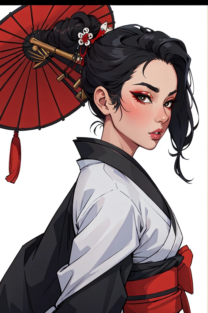 masterpiece,best quality,extreme detail,8k,white background,rogue2,1girl,solo,facing forward ,black hair, kimono, parted lips, Japanese geishas, geisha makeup